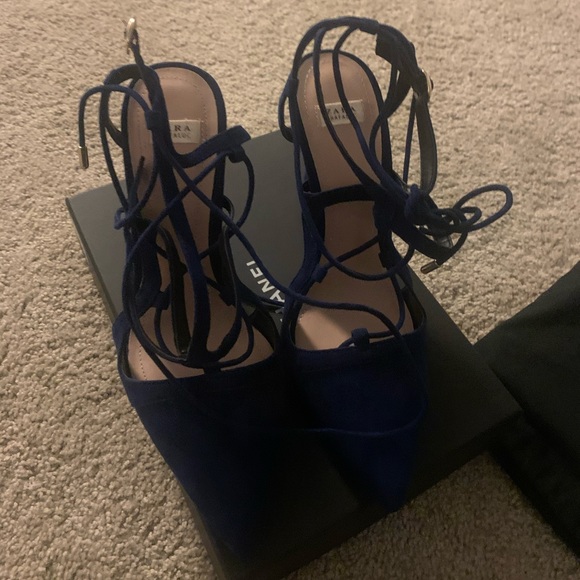 Zara Blue Suede Pointy Toe Laced Heels 38 - Picture 3 of 6